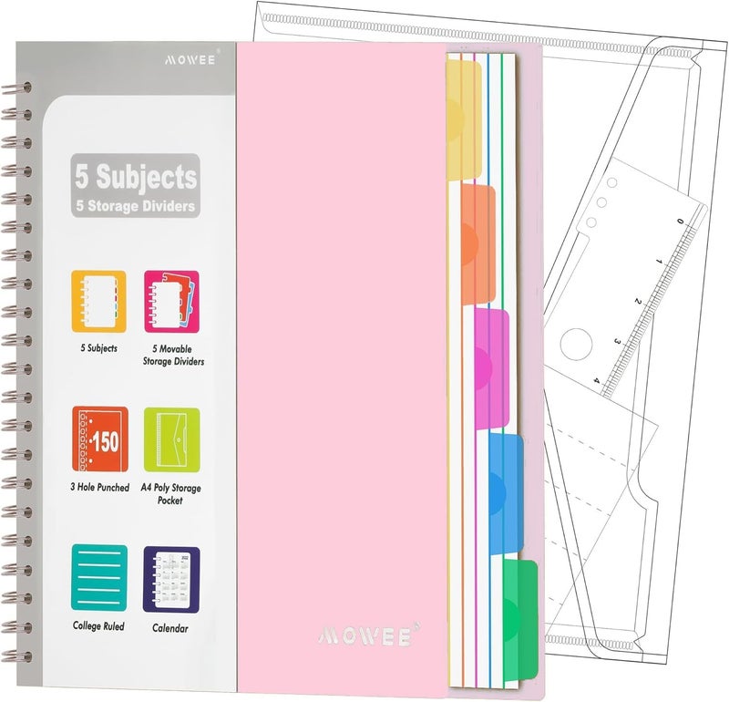 MOWEE 5 Subject Notebook - Spiral Notebook, College Ruled Notebook with Dividers Pocket, Tabs, 11" Ruler, 300 Pages, for Writing Journal, Home & Office, School Supplies (8.5 * 11Pale Pink) - Image 1